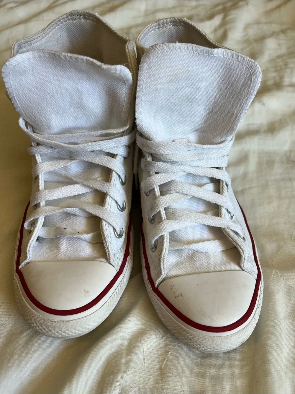 Converse White High Top Sneakers with Red and Blue Stripes